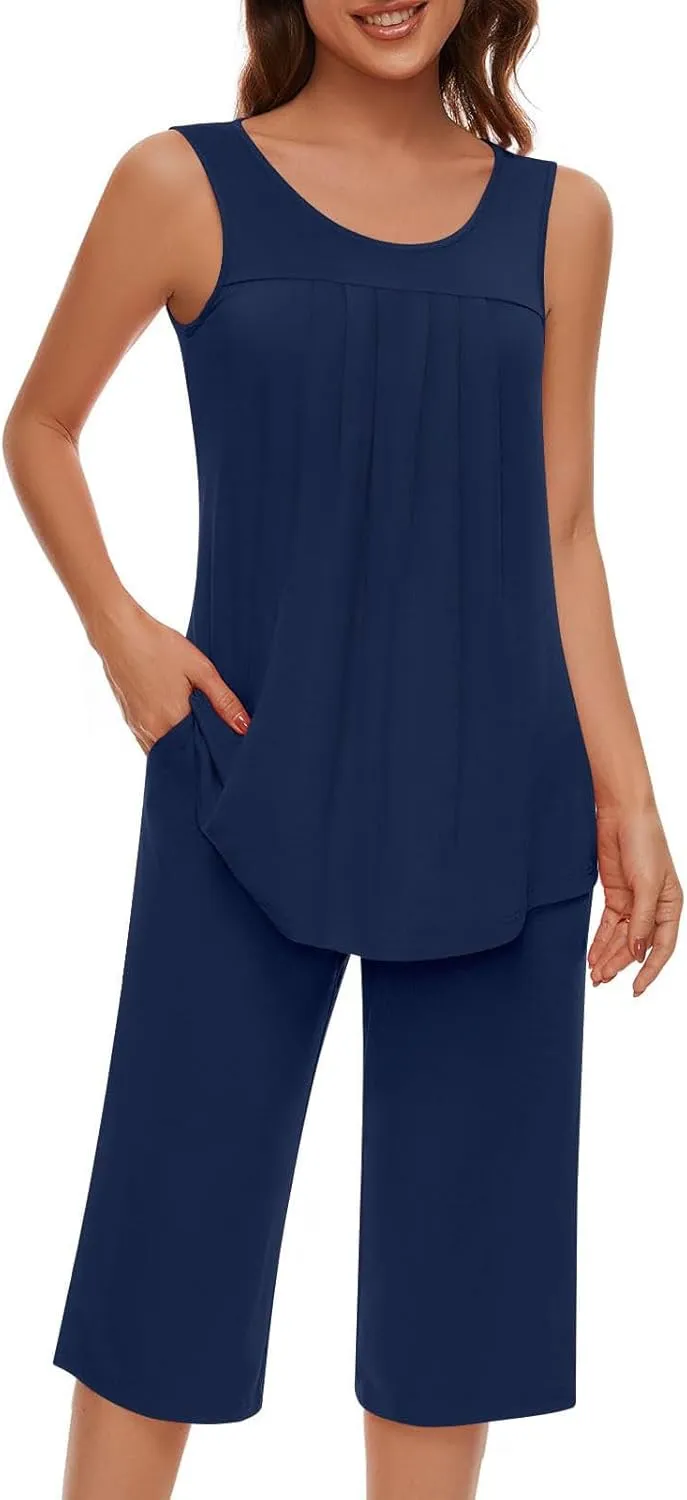 Pajama Sets for Women 2 Piece Summer Lounge Sets Floral Print Sleeveless Tank Tops & Capri Pants Soft Sleepwear