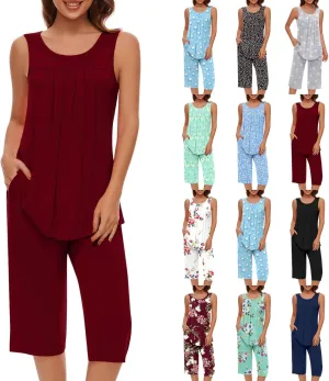 Pajama Sets for Women 2 Piece Summer Lounge Sets Floral Print Sleeveless Tank Tops & Capri Pants Soft Sleepwear