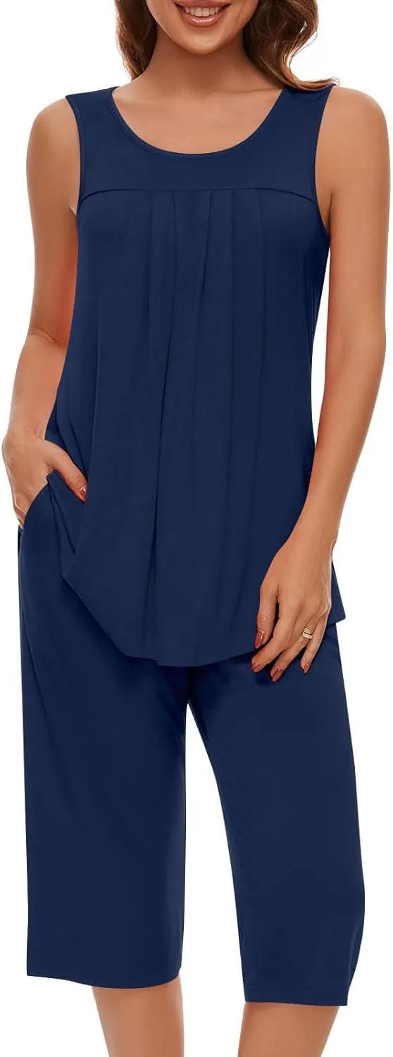 Pajama Sets for Women 2 Piece Summer Lounge Sets Floral Print Sleeveless Tank Tops & Capri Pants Soft Sleepwear