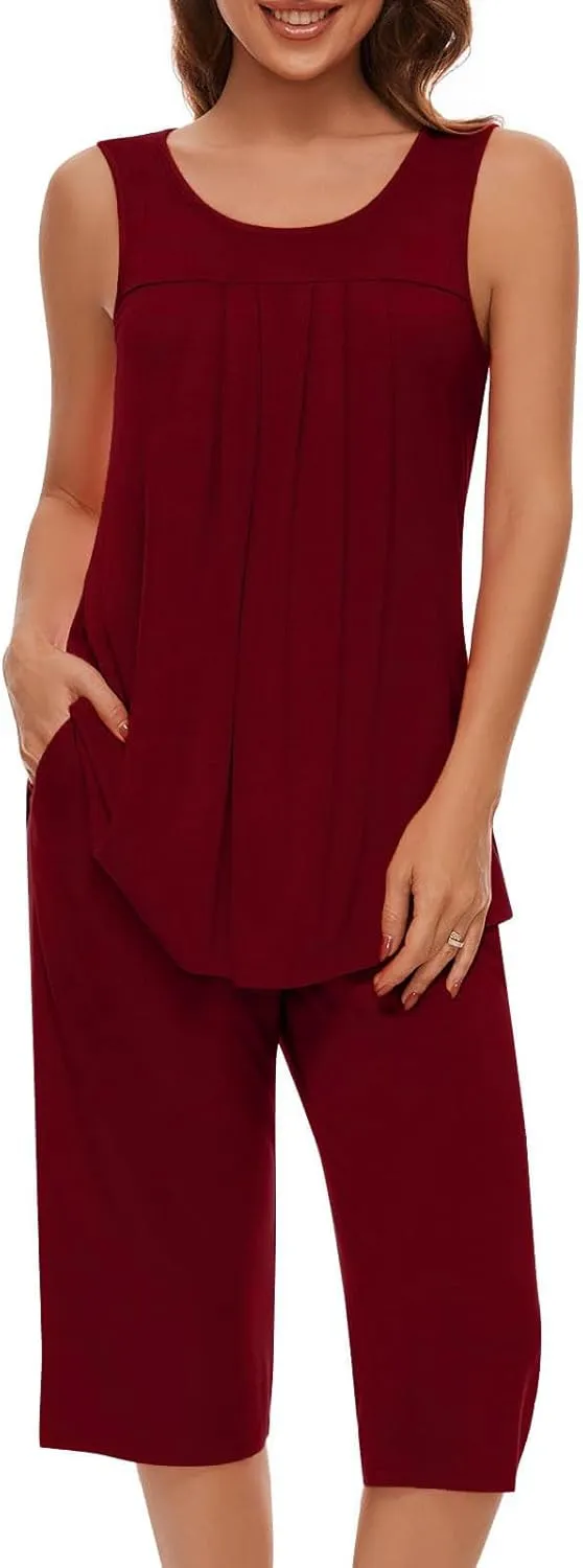 Pajama Sets for Women 2 Piece Summer Lounge Sets Floral Print Sleeveless Tank Tops & Capri Pants Soft Sleepwear