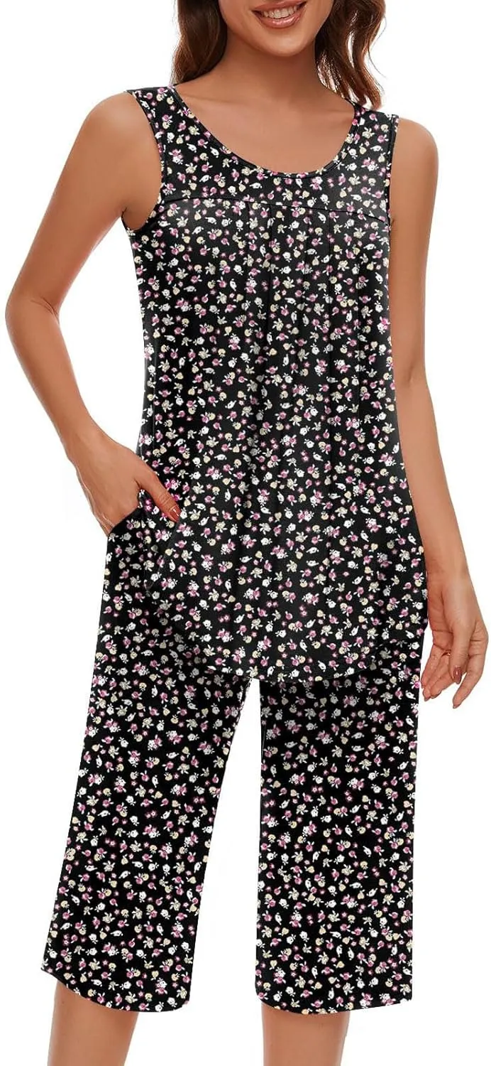 Pajama Sets for Women 2 Piece Summer Lounge Sets Floral Print Sleeveless Tank Tops & Capri Pants Soft Sleepwear