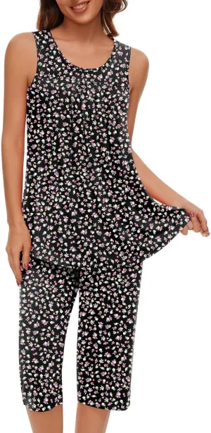 Pajama Sets for Women 2 Piece Summer Lounge Sets Floral Print Sleeveless Tank Tops & Capri Pants Soft Sleepwear