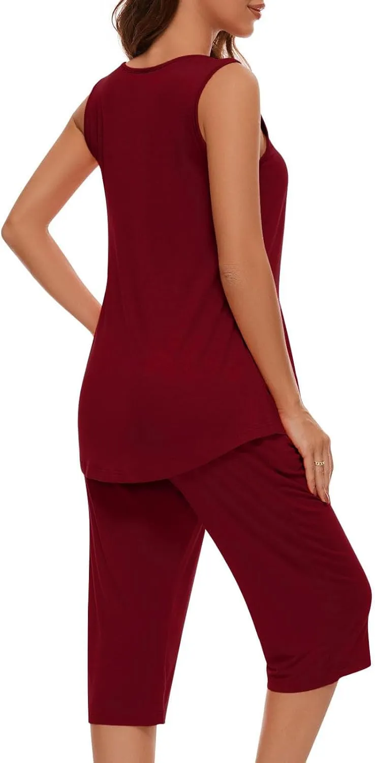 Pajama Sets for Women 2 Piece Summer Lounge Sets Floral Print Sleeveless Tank Tops & Capri Pants Soft Sleepwear