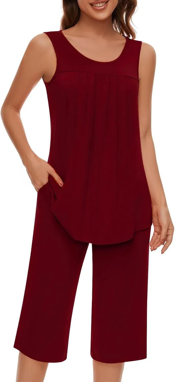 Pajama Sets for Women 2 Piece Summer Lounge Sets Floral Print Sleeveless Tank Tops & Capri Pants Soft Sleepwear
