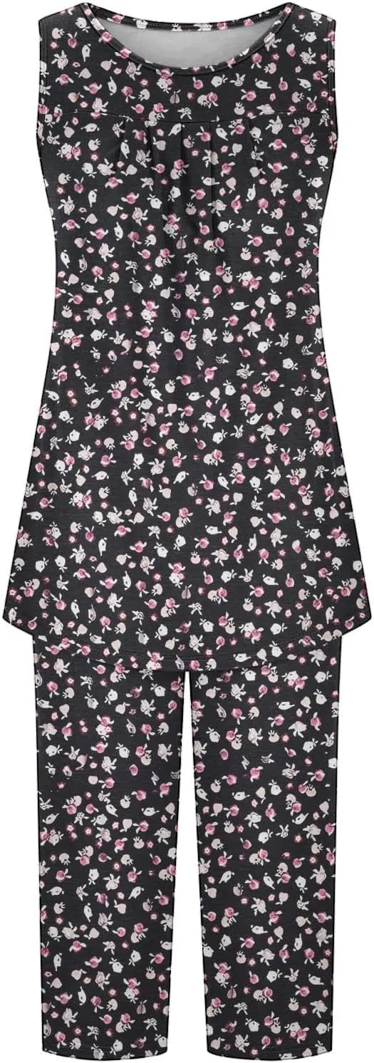 Pajama Sets for Women 2 Piece Summer Lounge Sets Floral Print Sleeveless Tank Tops & Capri Pants Soft Sleepwear
