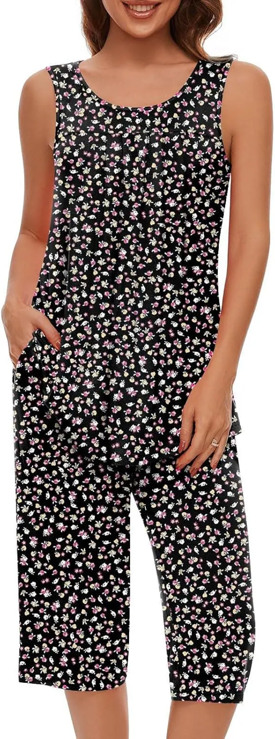 Pajama Sets for Women 2 Piece Summer Lounge Sets Floral Print Sleeveless Tank Tops & Capri Pants Soft Sleepwear