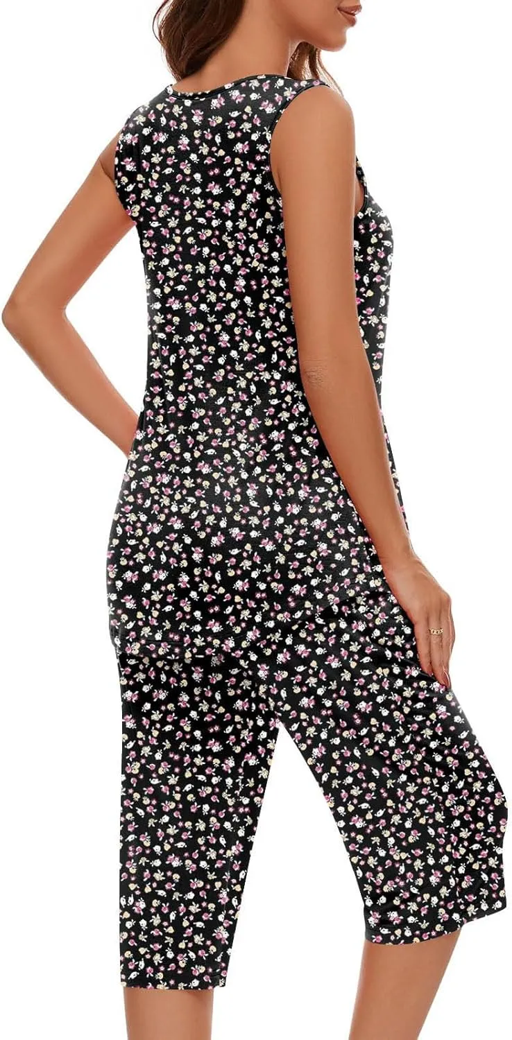 Pajama Sets for Women 2 Piece Summer Lounge Sets Floral Print Sleeveless Tank Tops & Capri Pants Soft Sleepwear