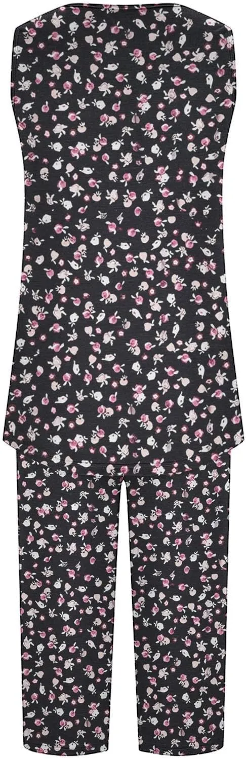 Pajama Sets for Women 2 Piece Summer Lounge Sets Floral Print Sleeveless Tank Tops & Capri Pants Soft Sleepwear