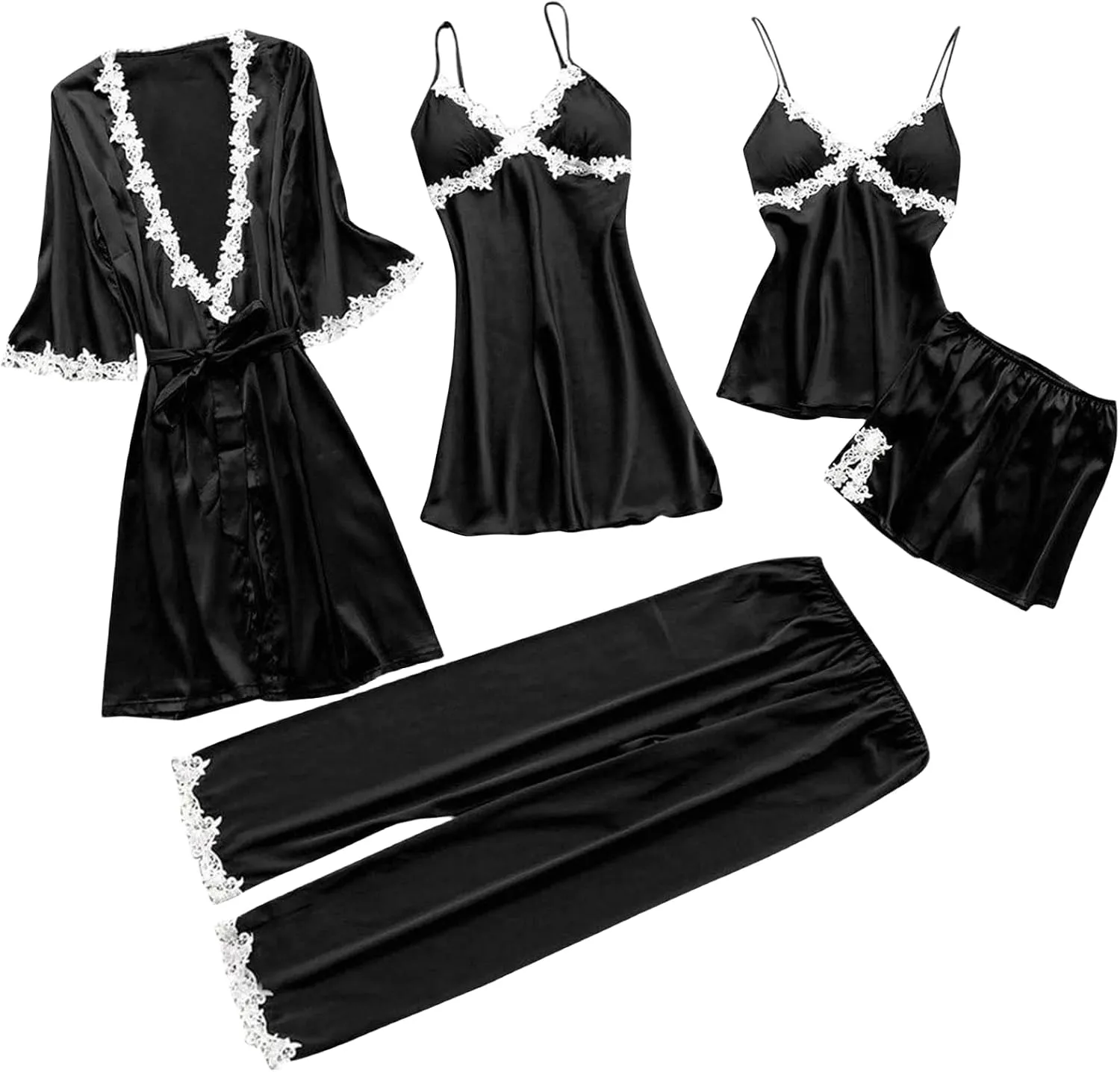 Pajamas Sets for Women 5Pcs Sexy Lace Cami Top Shorts Nightgown Sleepwear Robe Sets Silk Lingerie Cute Soft Stain Pjs