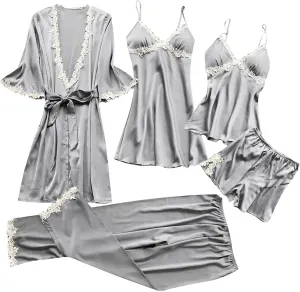 Pajamas Sets for Women 5Pcs Sexy Lace Cami Top Shorts Nightgown Sleepwear Robe Sets Silk Lingerie Cute Soft Stain Pjs