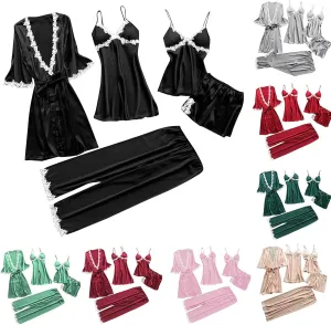 Pajamas Sets for Women 5Pcs Sexy Lace Cami Top Shorts Nightgown Sleepwear Robe Sets Silk Lingerie Cute Soft Stain Pjs