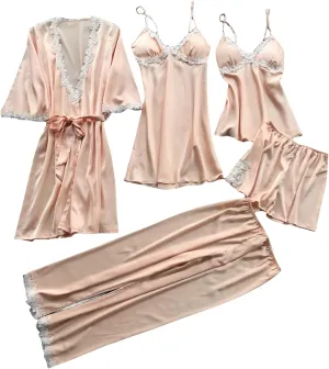 Pajamas Sets for Women 5Pcs Sexy Lace Cami Top Shorts Nightgown Sleepwear Robe Sets Silk Lingerie Cute Soft Stain Pjs