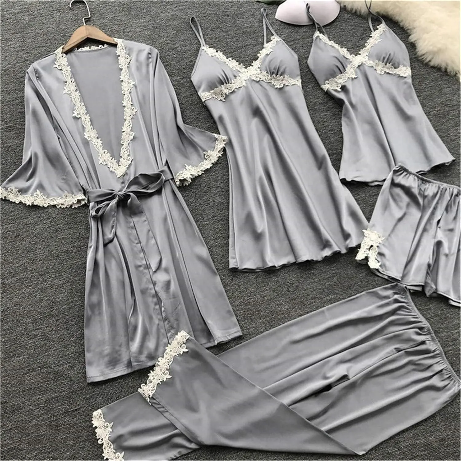 Pajamas Sets for Women 5Pcs Sexy Lace Cami Top Shorts Nightgown Sleepwear Robe Sets Silk Lingerie Cute Soft Stain Pjs