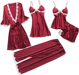Pajamas Sets for Women 5Pcs Sexy Lace Cami Top Shorts Nightgown Sleepwear Robe Sets Silk Lingerie Cute Soft Stain Pjs