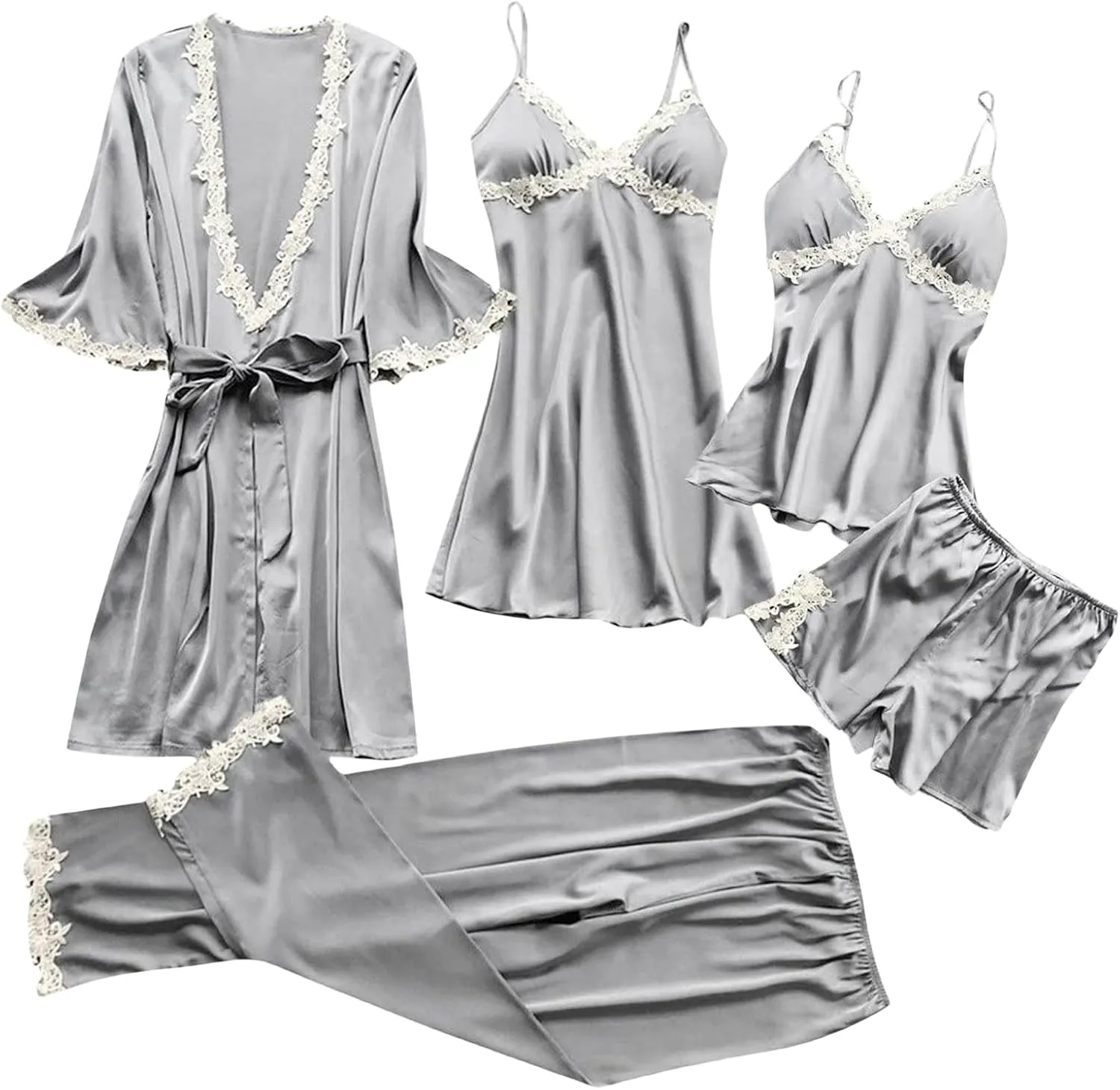 Pajamas Sets for Women 5Pcs Sexy Lace Cami Top Shorts Nightgown Sleepwear Robe Sets Silk Lingerie Cute Soft Stain Pjs