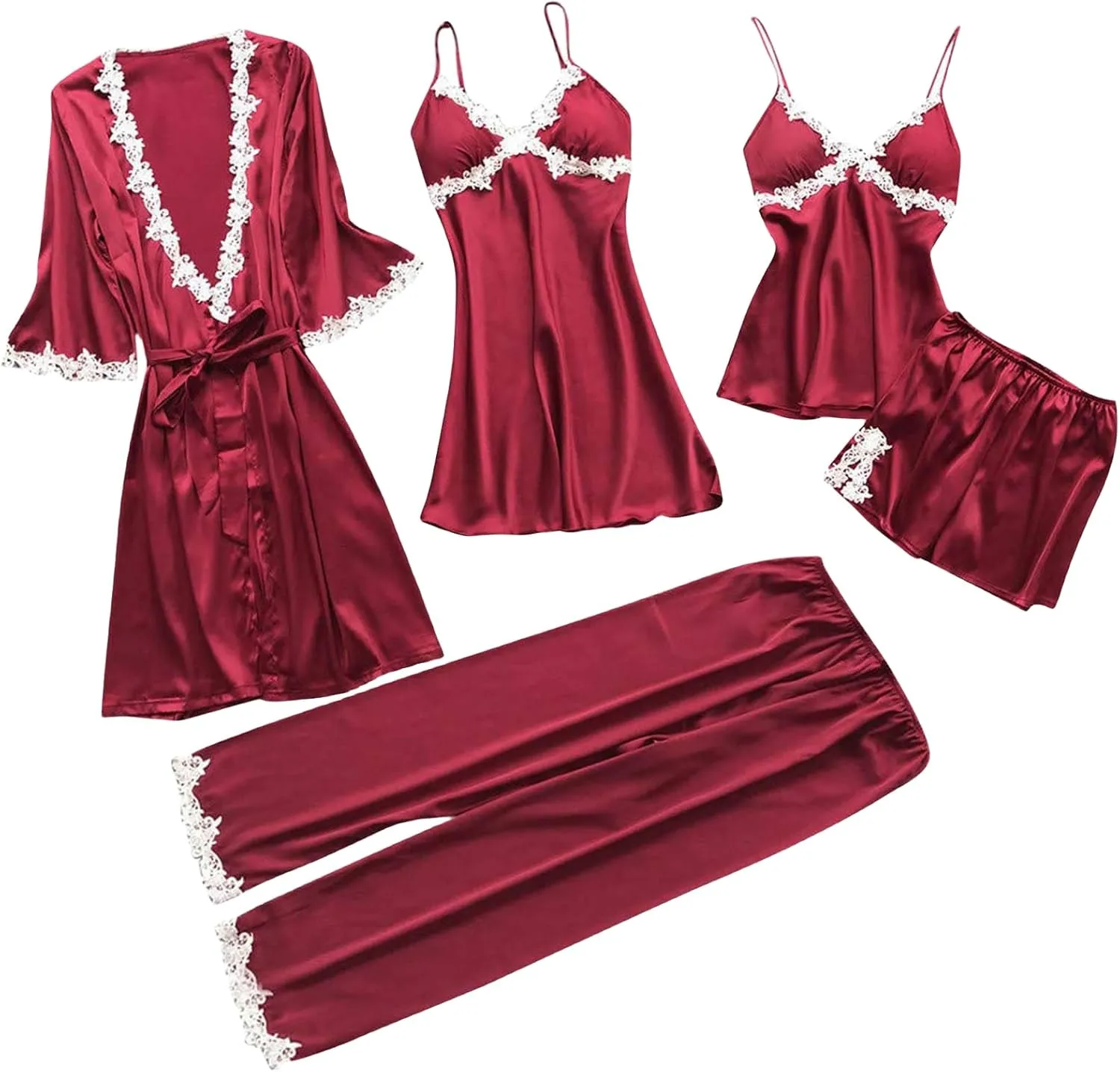Pajamas Sets for Women 5Pcs Sexy Lace Cami Top Shorts Nightgown Sleepwear Robe Sets Silk Lingerie Cute Soft Stain Pjs