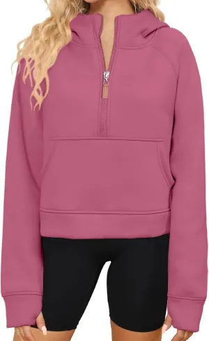 POGTMM Womens Half Zip Cropped Hoodies Fleece Lined Quarter Zip Up Pullover Athletic Trendy Sweatshirt Sweater Winter Outfits