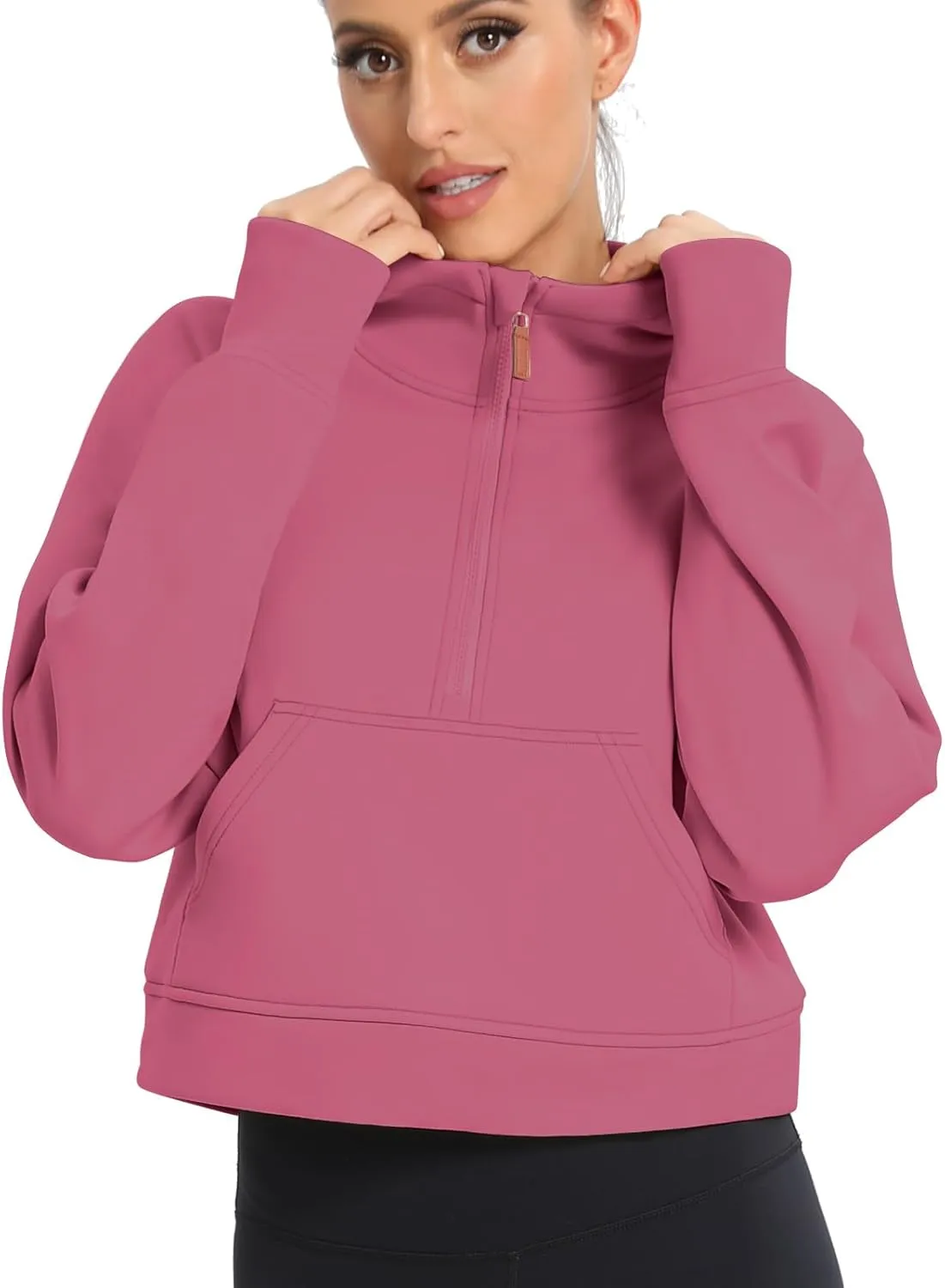 POGTMM Womens Half Zip Cropped Hoodies Fleece Lined Quarter Zip Up Pullover Athletic Trendy Sweatshirt Sweater Winter Outfits