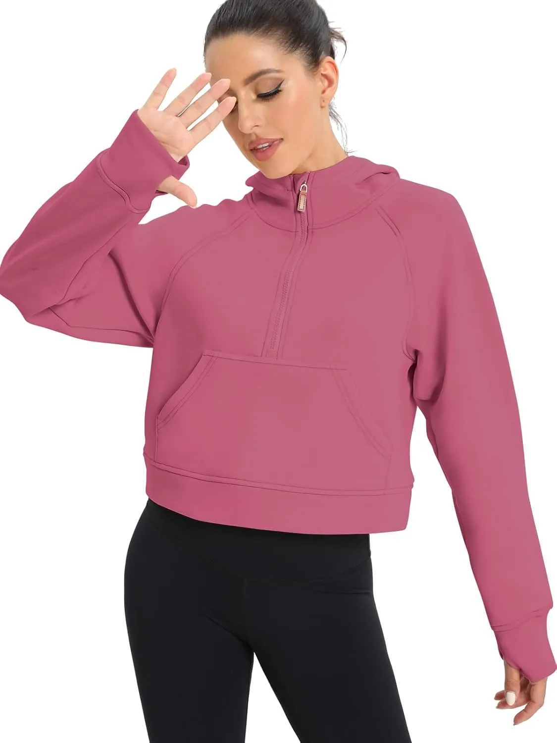 POGTMM Womens Half Zip Cropped Hoodies Fleece Lined Quarter Zip Up Pullover Athletic Trendy Sweatshirt Sweater Winter Outfits