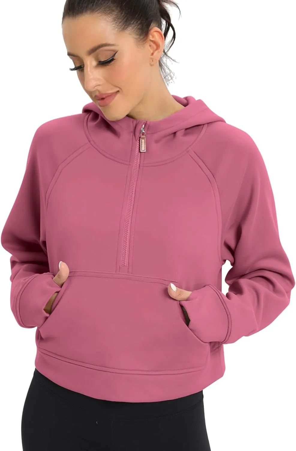 POGTMM Womens Half Zip Cropped Hoodies Fleece Lined Quarter Zip Up Pullover Athletic Trendy Sweatshirt Sweater Winter Outfits