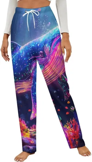 Rainbow Whale Women's Pajama Pants Fleece Warm Pj Bottoms Sleepwear Lounge Pants Loungewear