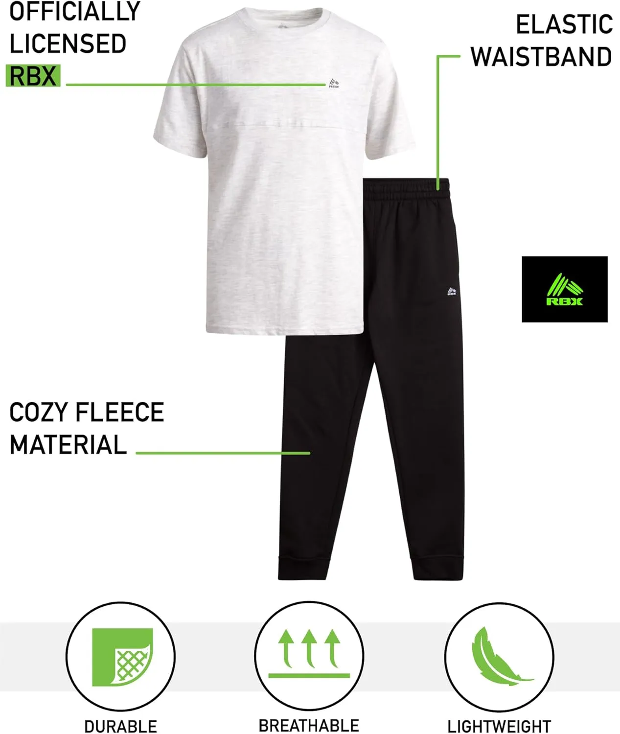 RBX Boys' Active Jogger Set - 2 Piece Hooded Short Sleeve T-Shirt and Fleece Joggers (Size: 4-12)