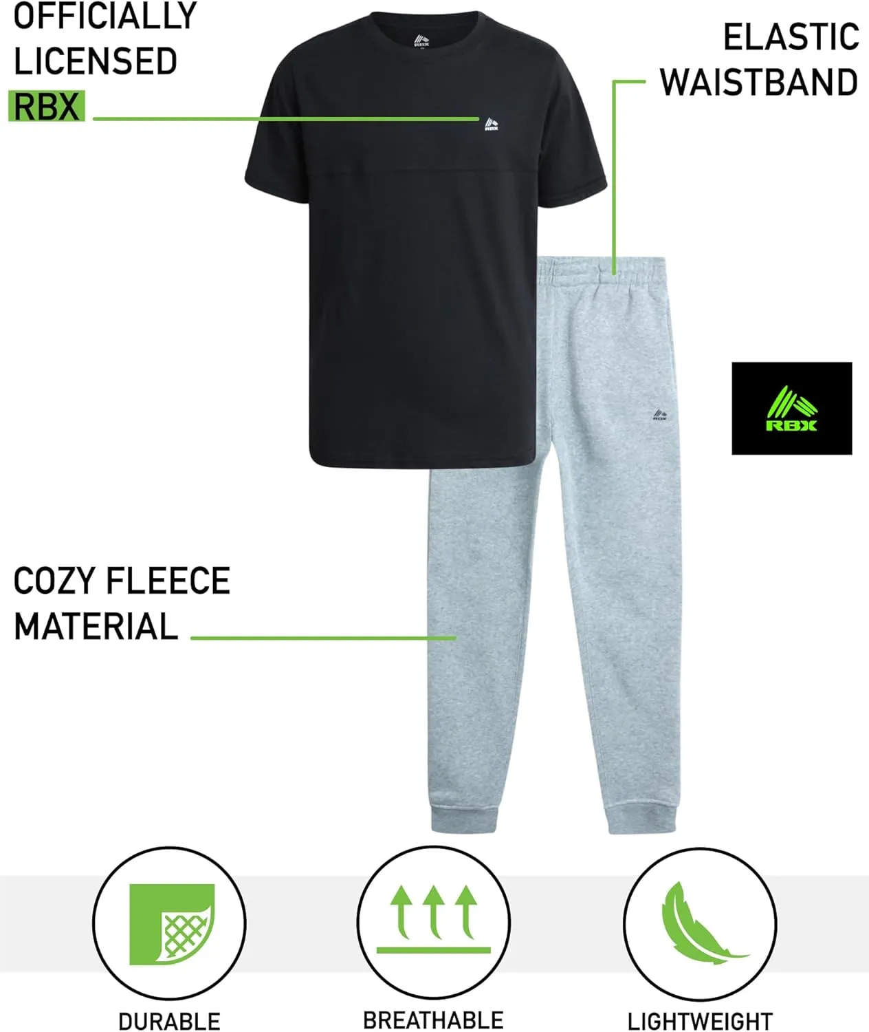 RBX Boys' Active Jogger Set - 2 Piece Hooded Short Sleeve T-Shirt and Fleece Joggers (Size: 4-12)