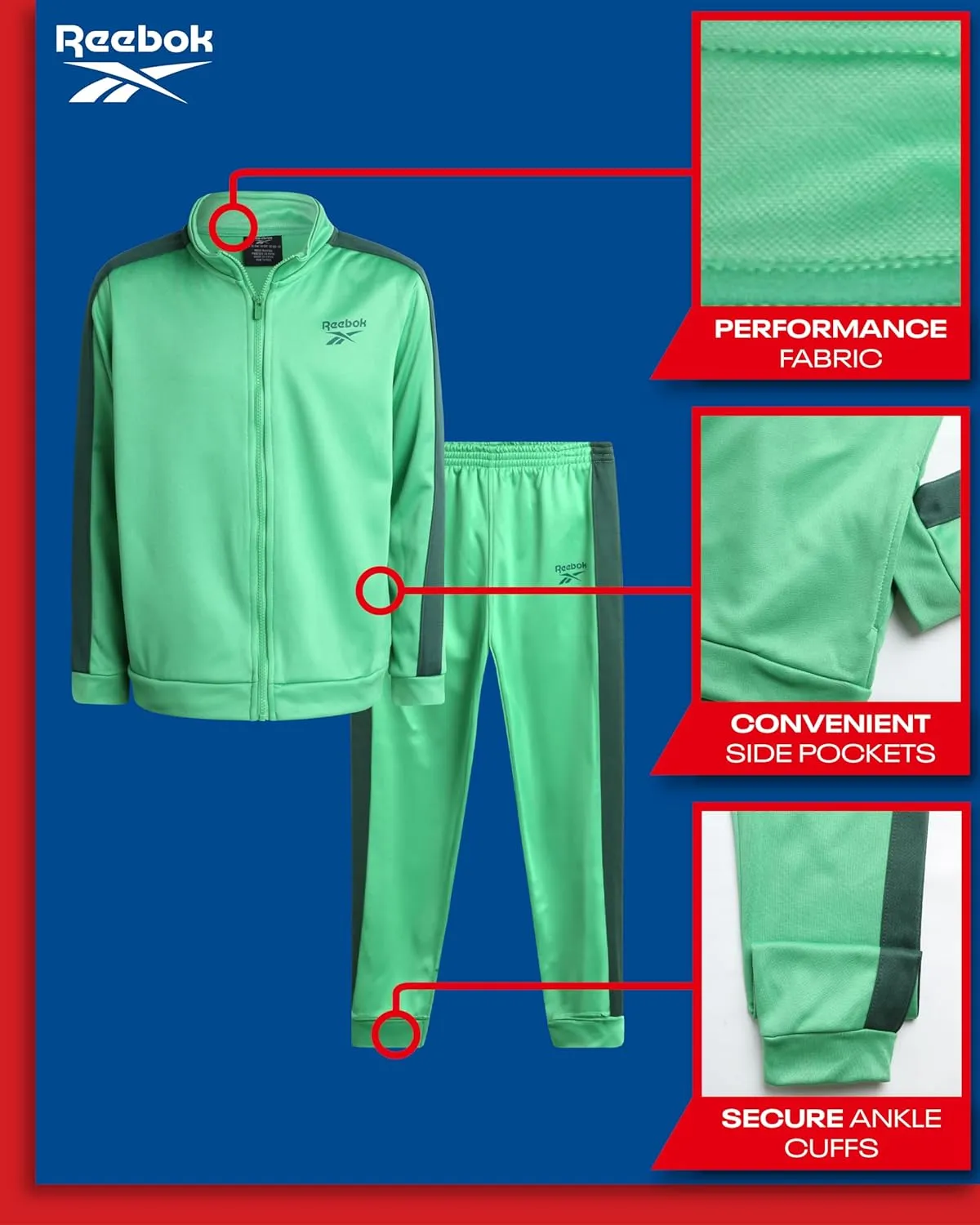 Reebok Boys' Jogger Set - 2 Piece Full Zip Athletic Performance Jacket and Jogger Sweatpants for Boys (Sizes: 9-12)