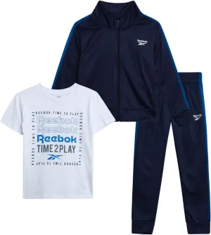 Reebok Boys' Pants Set - 3 Piece Tricot Short Sleeve T Shirt with Athletic Zip Up Jacket and Jogger Pants Set for Boys 12M-7