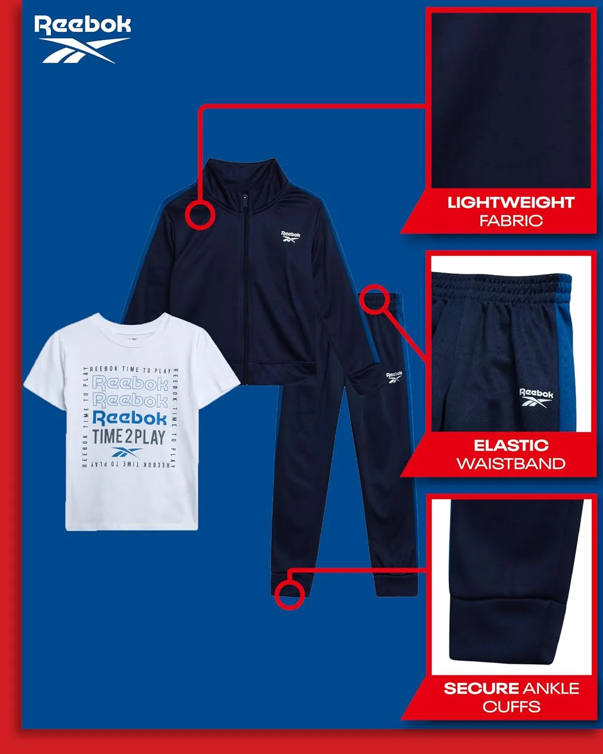 Reebok Boys' Pants Set - 3 Piece Tricot Short Sleeve T Shirt with Athletic Zip Up Jacket and Jogger Pants Set for Boys 12M-7