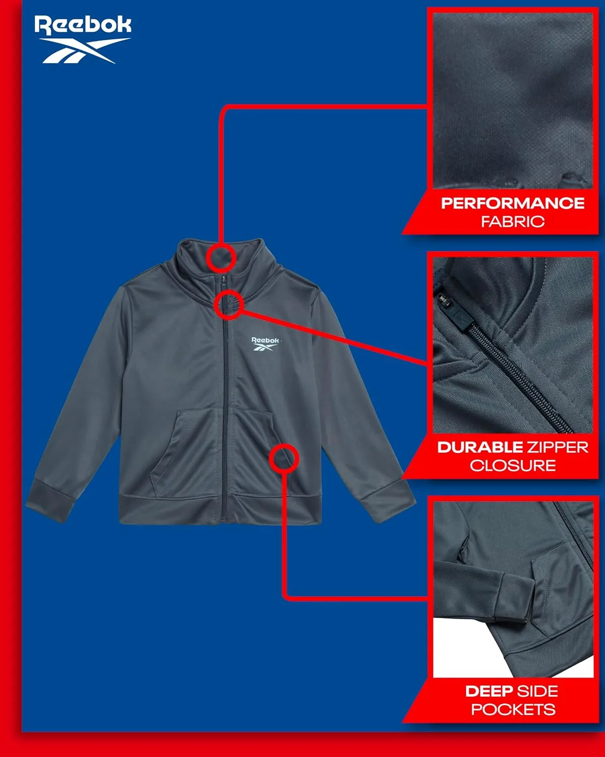Reebok Toddler Boys' Jogger Set - 2 Piece Full Zip Tricot Tracksuit - Boys Active Jacket & Jogger Pants Playwear Set (12M-7)