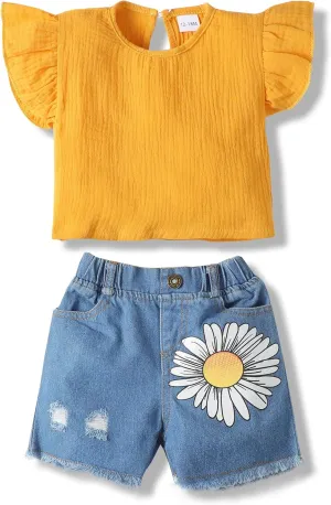 Renotemy Toddler Baby Girls Clothes Summer Outfits Ruffle Sleeve Tops Belt Shorts Pant Clothing Shorts Sets for Girls
