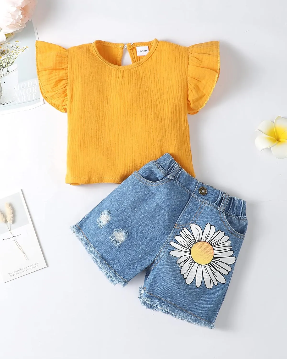 Renotemy Toddler Baby Girls Clothes Summer Outfits Ruffle Sleeve Tops Belt Shorts Pant Clothing Shorts Sets for Girls