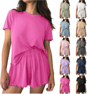Ribbed Knit Pajama Set For Women 2 Piece Soft Pj Lounge Sets Short Sleeve Top And Shorts Sleepwear Trendy Clothes