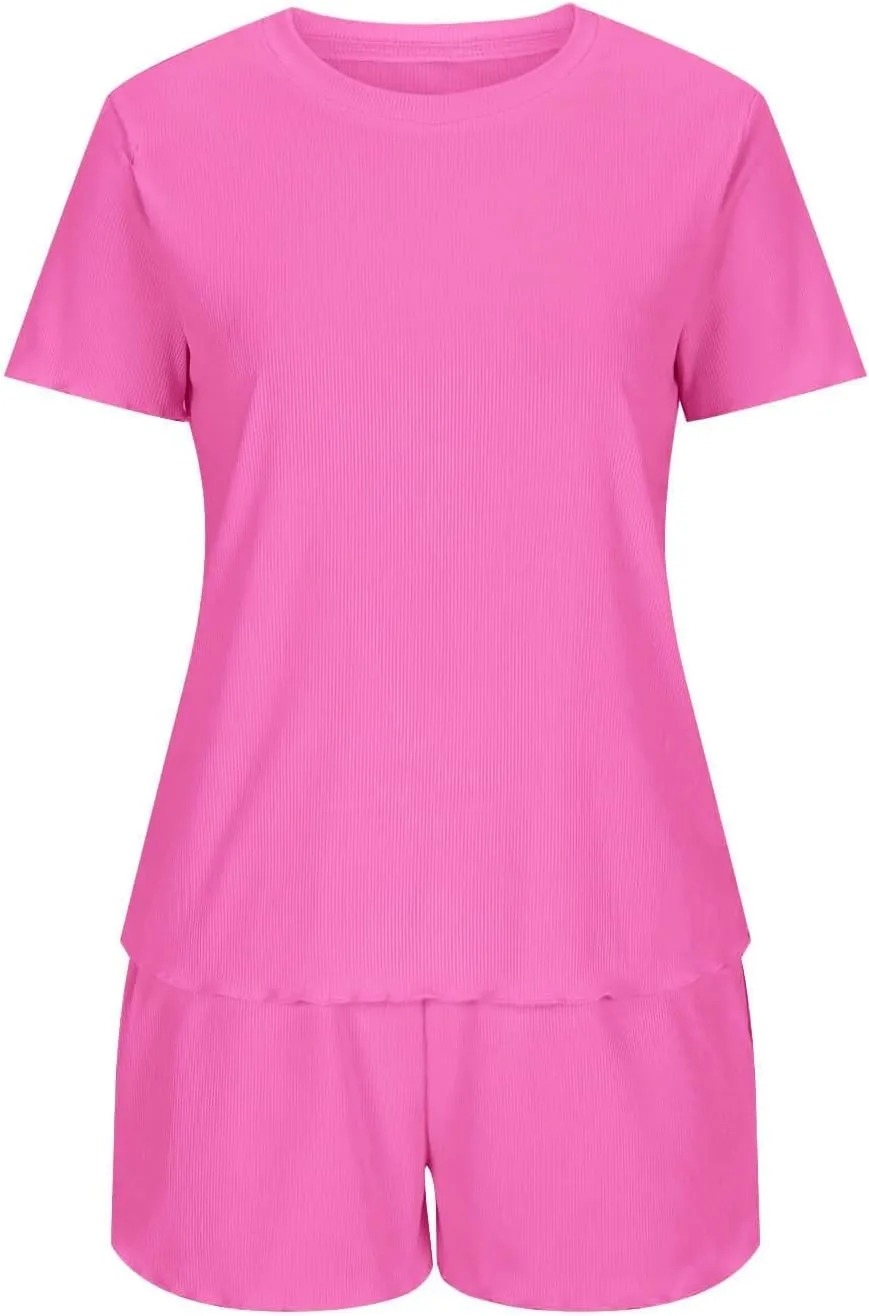 Ribbed Knit Pajama Set For Women 2 Piece Soft Pj Lounge Sets Short Sleeve Top And Shorts Sleepwear Trendy Clothes