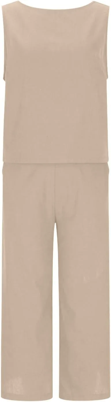 Ruziyoog Womens Casual 2 Piece Outfits Summer Cotton Linen Matching Set Sleeveless Tank Tops and Wide Leg Pants with Pockets