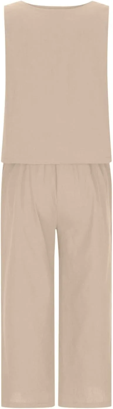 Ruziyoog Womens Casual 2 Piece Outfits Summer Cotton Linen Matching Set Sleeveless Tank Tops and Wide Leg Pants with Pockets
