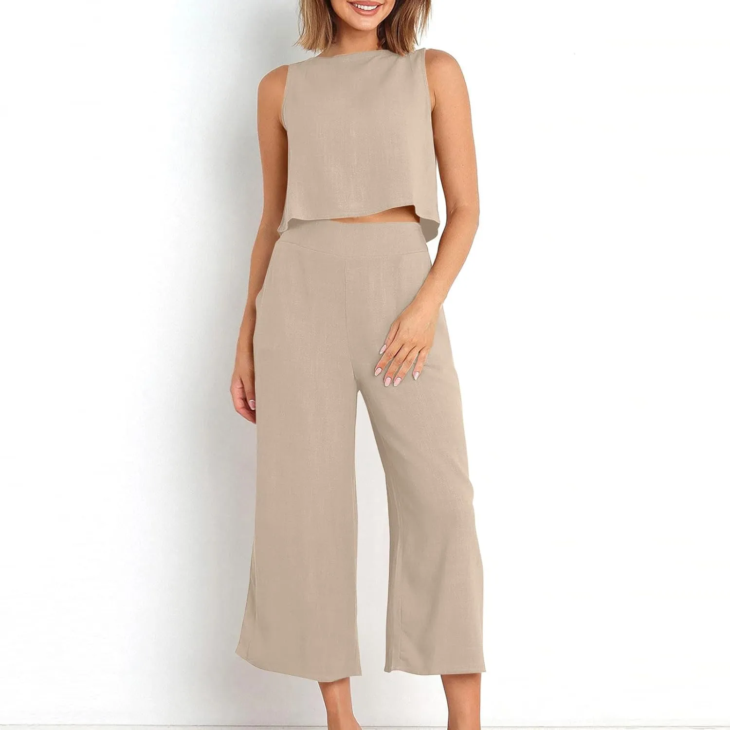 Ruziyoog Womens Casual 2 Piece Outfits Summer Cotton Linen Matching Set Sleeveless Tank Tops and Wide Leg Pants with Pockets