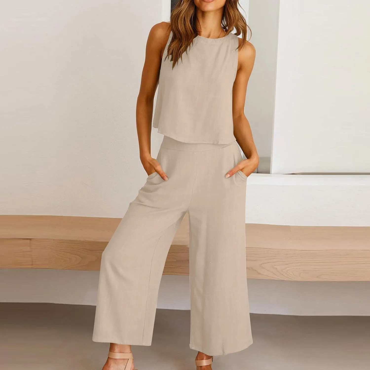 Ruziyoog Womens Casual 2 Piece Outfits Summer Cotton Linen Matching Set Sleeveless Tank Tops and Wide Leg Pants with Pockets