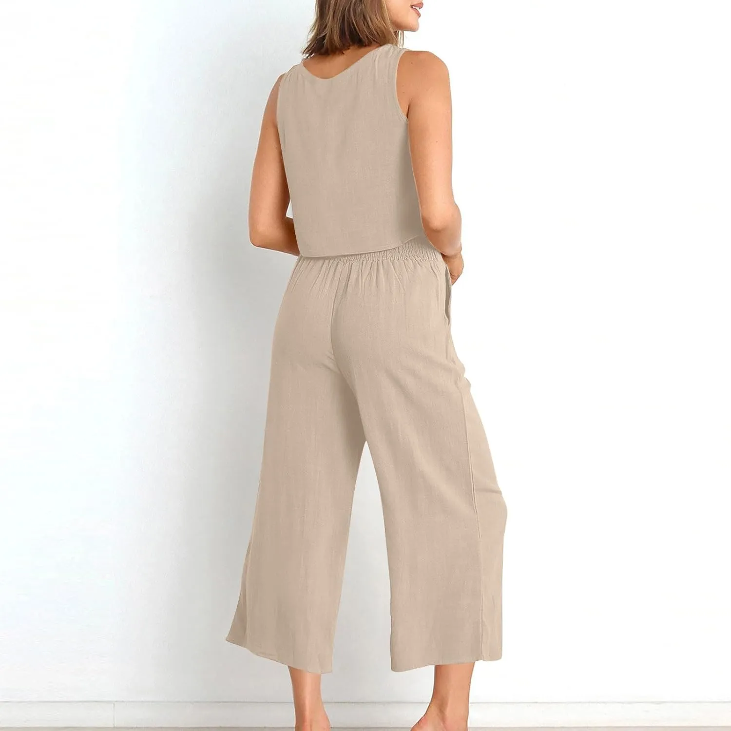 Ruziyoog Womens Casual 2 Piece Outfits Summer Cotton Linen Matching Set Sleeveless Tank Tops and Wide Leg Pants with Pockets