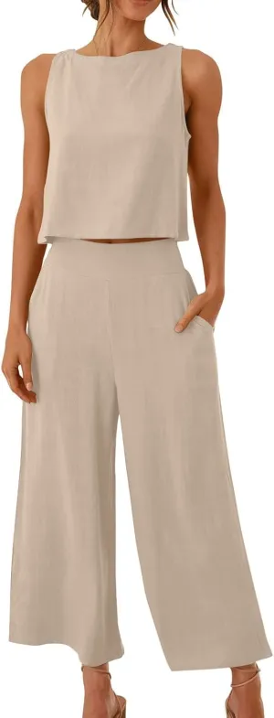 Ruziyoog Womens Casual 2 Piece Outfits Summer Cotton Linen Matching Set Sleeveless Tank Tops and Wide Leg Pants with Pockets