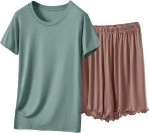 Ruziyoog Women's Lounge Set Short Sleeve T Shirt and Shorts Round Neck Two Piece Sleepwear Casual Summer Pajamas Sets