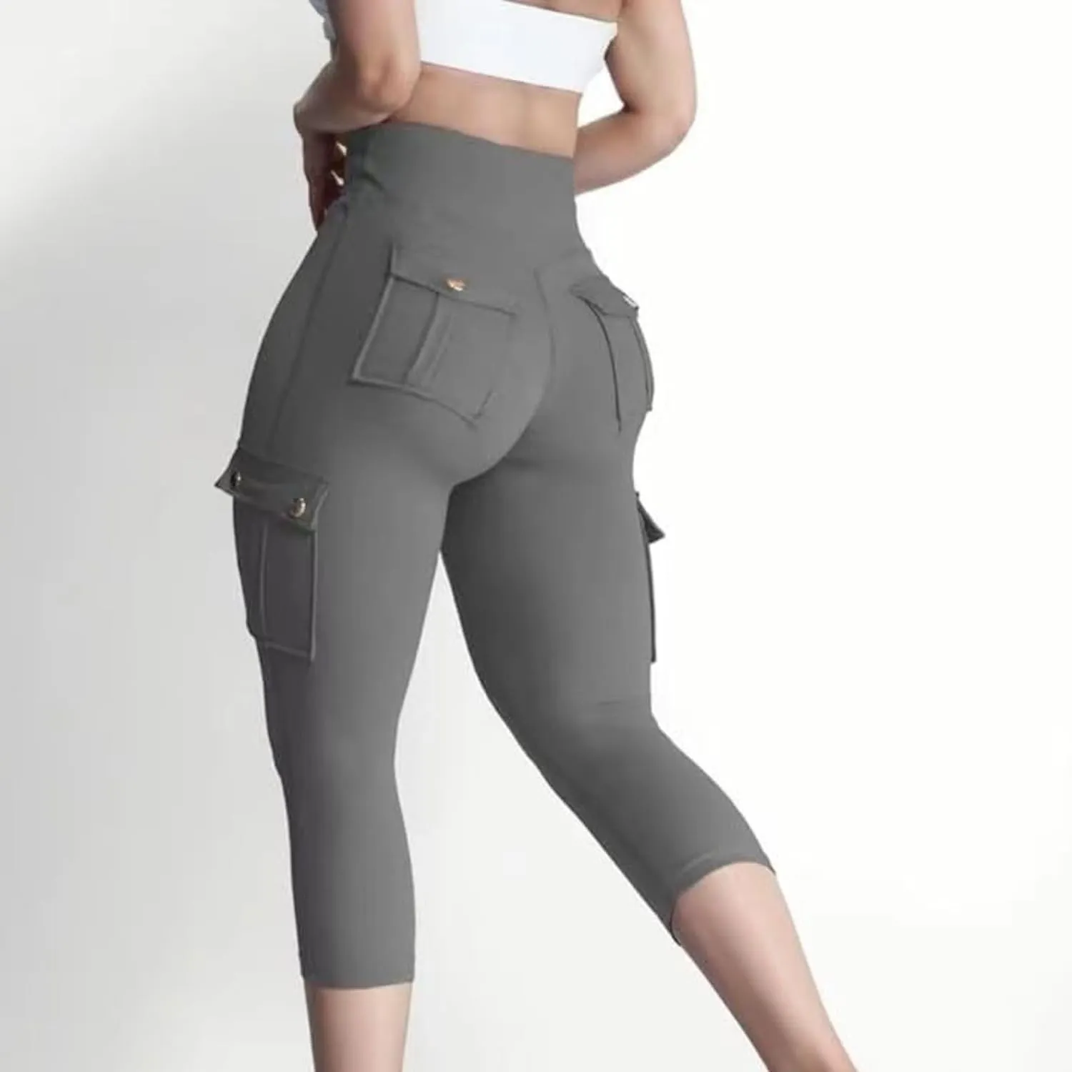 Seamless Leggings for Women Cargo High Waist Solid Slim Fit Workout Cargo Leggings with Pockets Capri Pants for Women