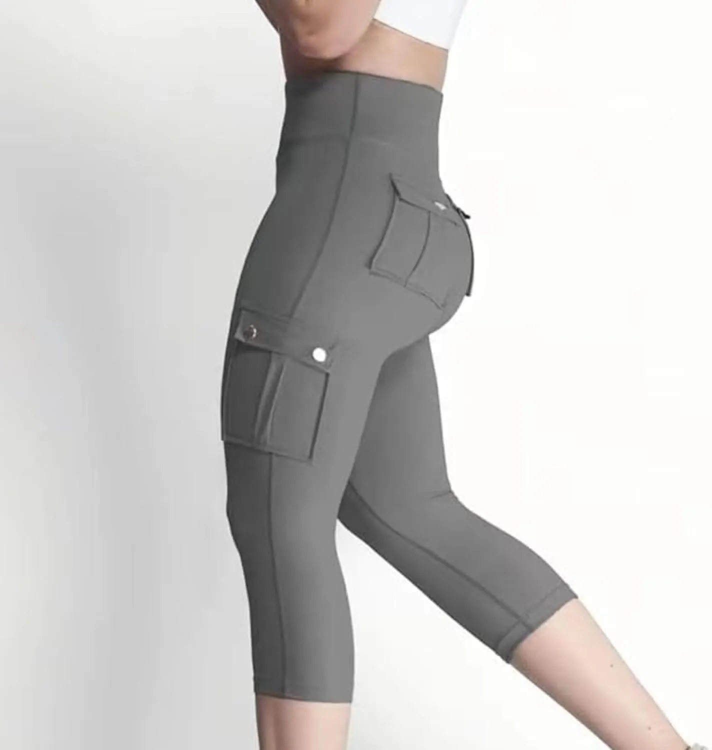 Seamless Leggings for Women Cargo High Waist Solid Slim Fit Workout Cargo Leggings with Pockets Capri Pants for Women