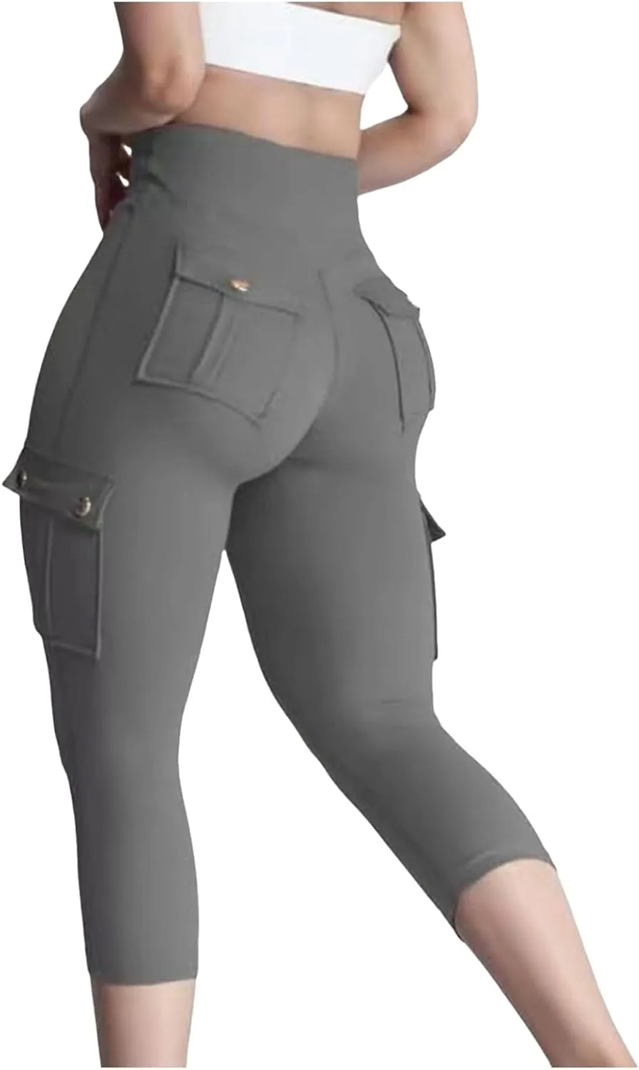 Seamless Leggings for Women Cargo High Waist Solid Slim Fit Workout Cargo Leggings with Pockets Capri Pants for Women