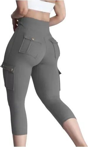 Seamless Leggings for Women Cargo High Waist Solid Slim Fit Workout Cargo Leggings with Pockets Capri Pants for Women