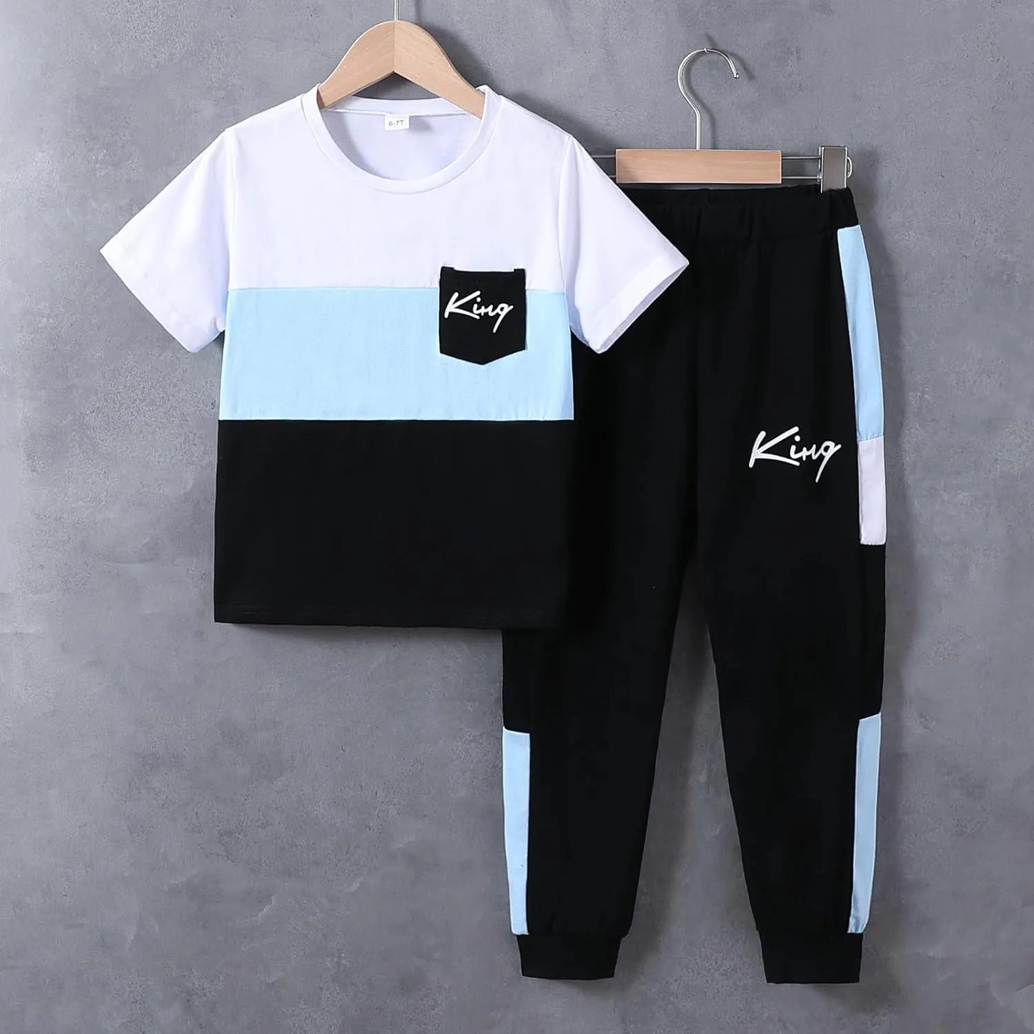 Size 6-12 Years Boys Fashion Clothes Spring Summer Short Sleeve Top & Pants Color Block Clothing Sets