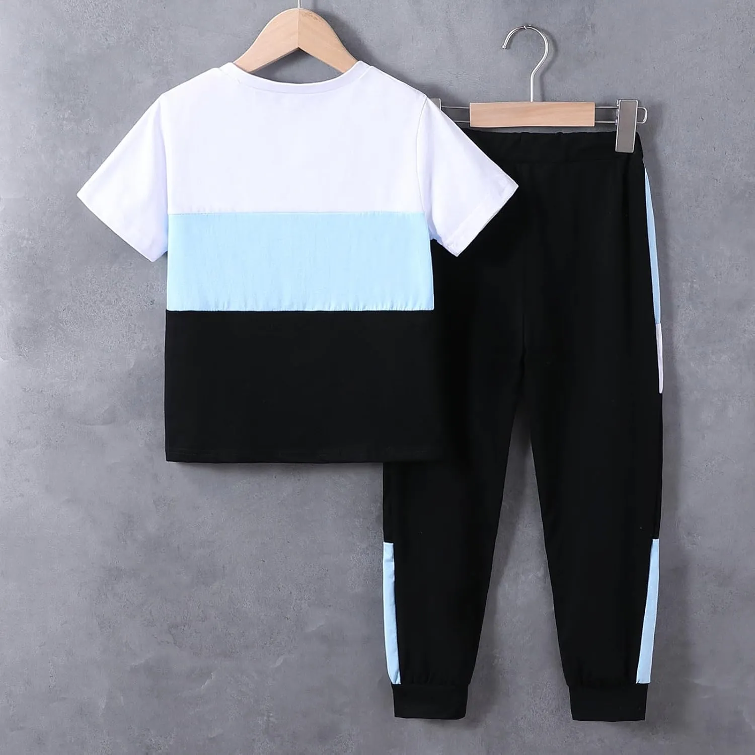 Size 6-12 Years Boys Fashion Clothes Spring Summer Short Sleeve Top & Pants Color Block Clothing Sets