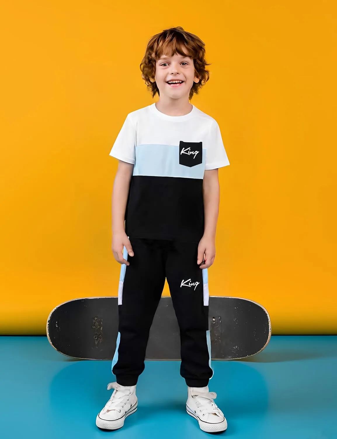 Size 6-12 Years Boys Fashion Clothes Spring Summer Short Sleeve Top & Pants Color Block Clothing Sets