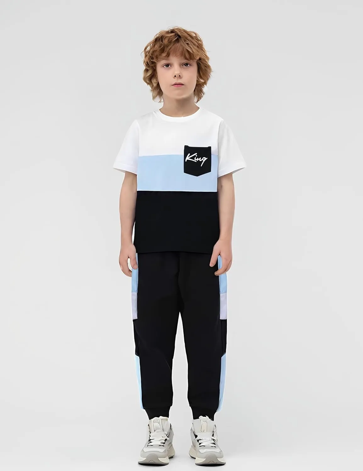 Size 6-12 Years Boys Fashion Clothes Spring Summer Short Sleeve Top & Pants Color Block Clothing Sets